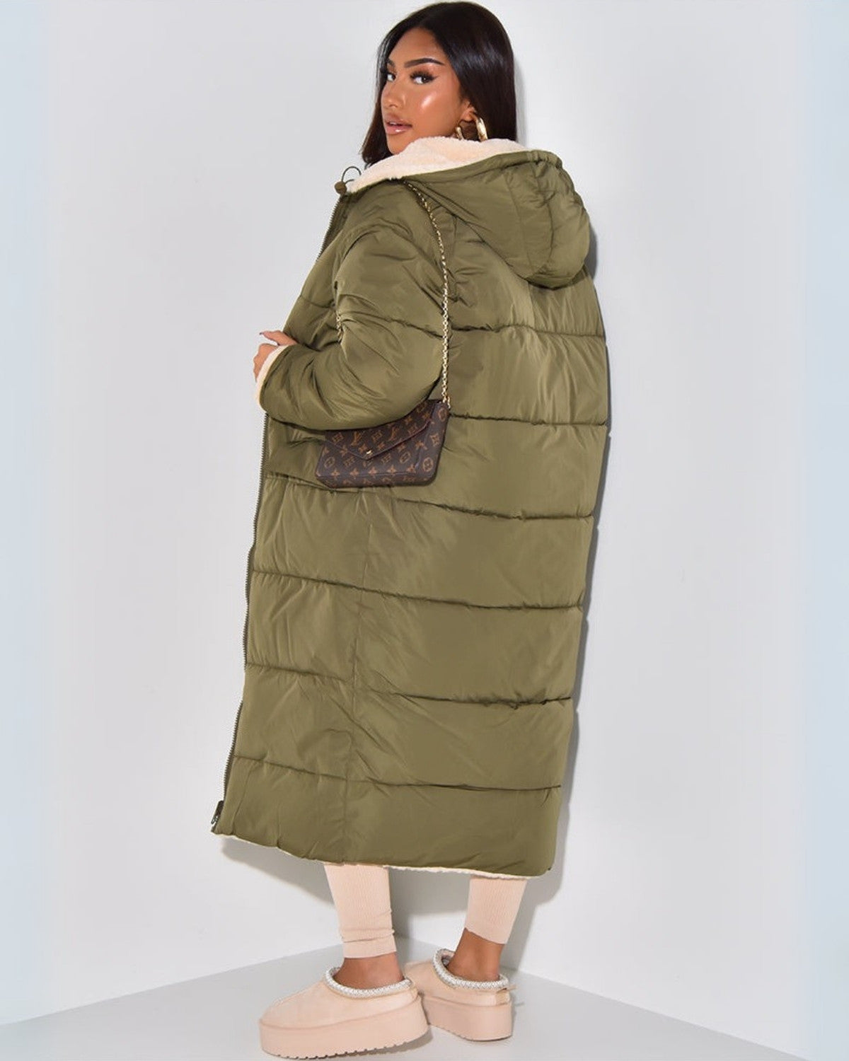 Women's reversible longline puffer coat with cream teddy and a hood