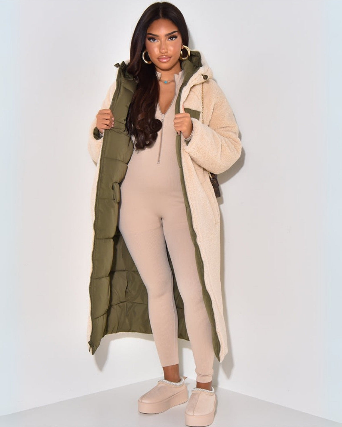 Women's reversible longline puffer coat with cream teddy and a hood