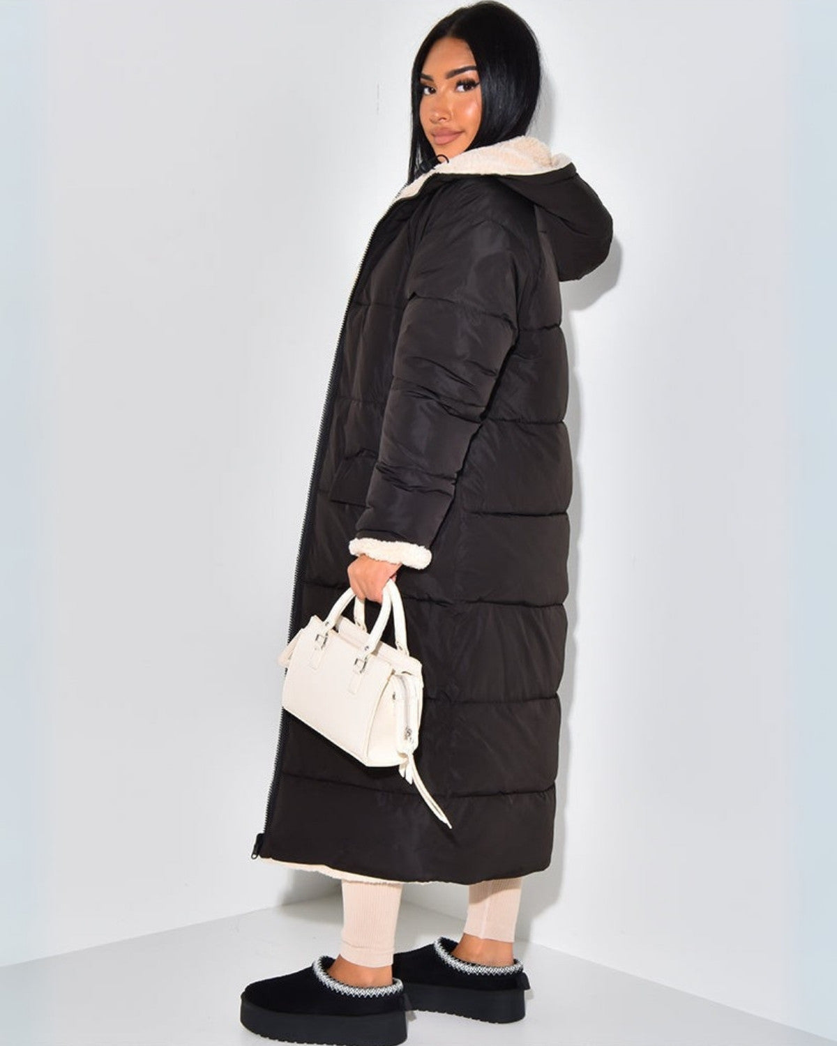 Women's reversible longline puffer coat with cream teddy and a hood