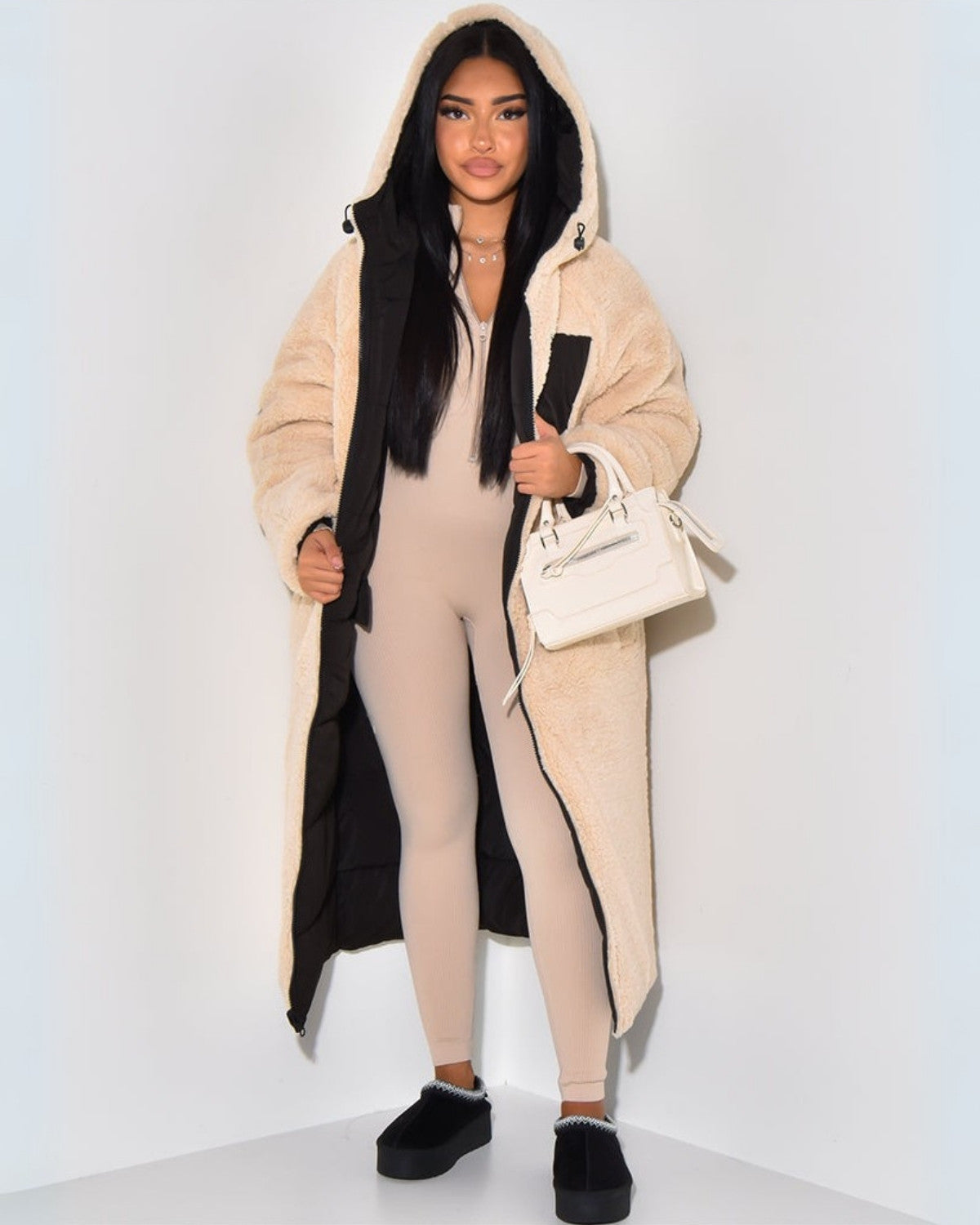 Women's reversible longline puffer coat with cream teddy and a hood