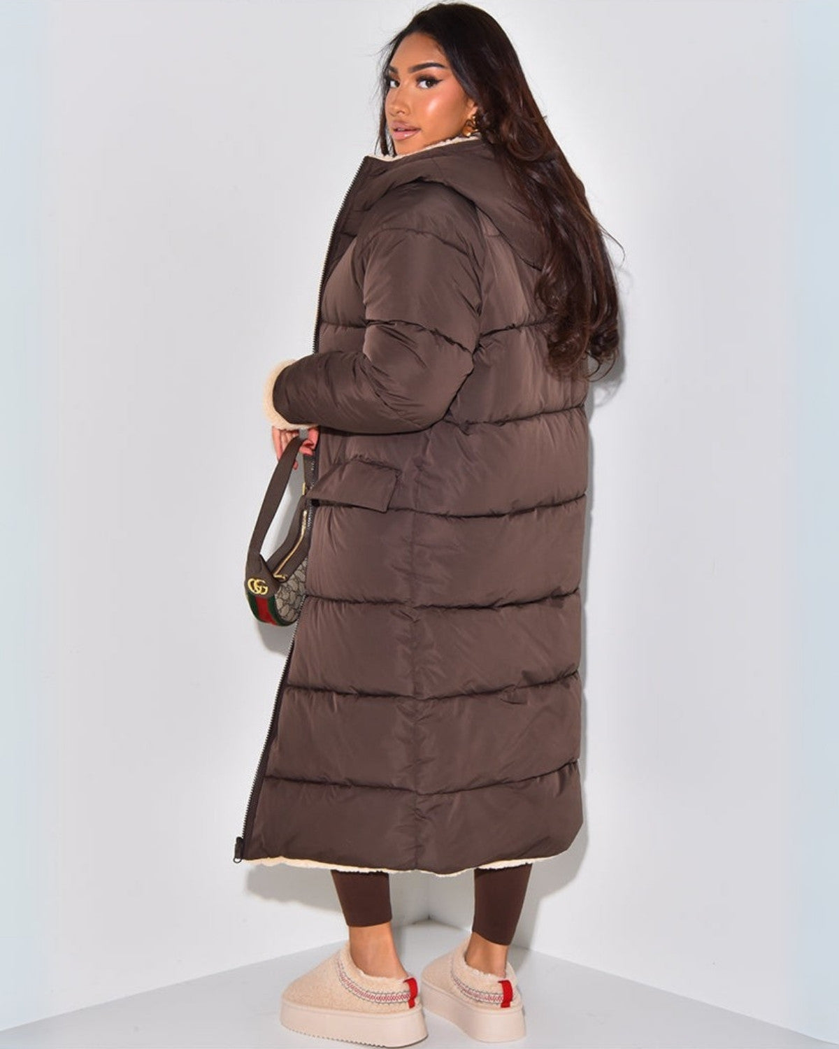 Women's reversible longline puffer coat with cream teddy and a hood