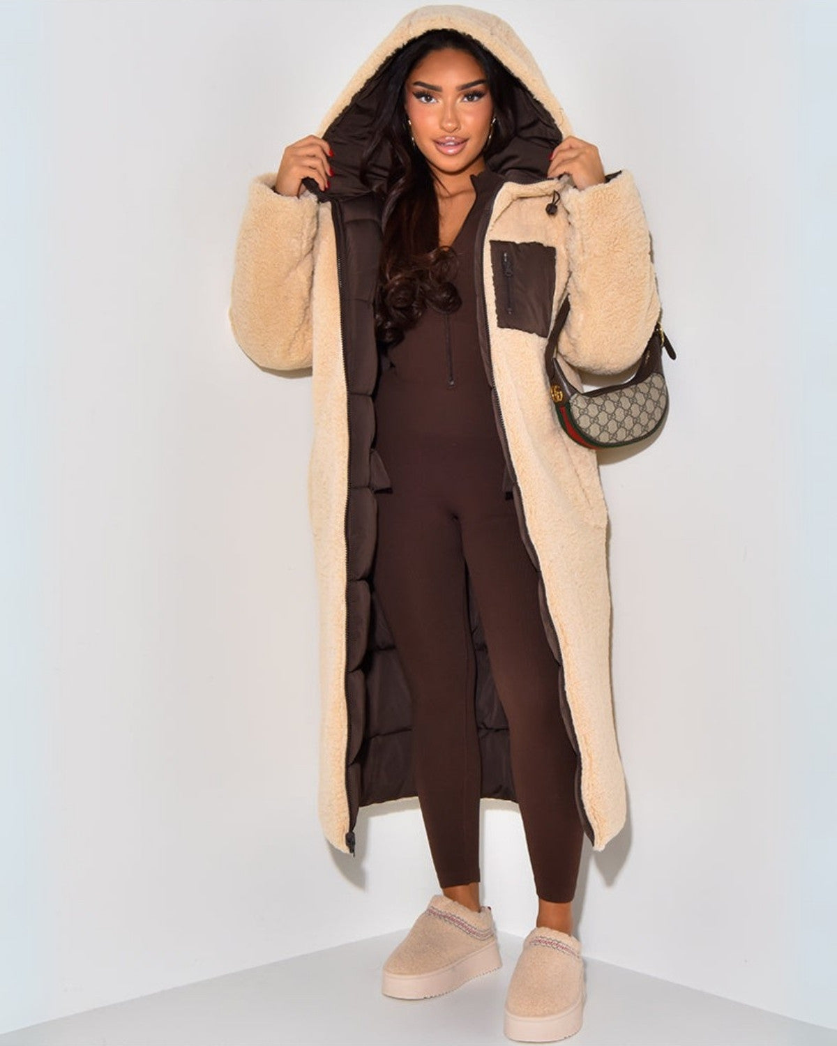 Women's reversible longline puffer coat with cream teddy and a hood