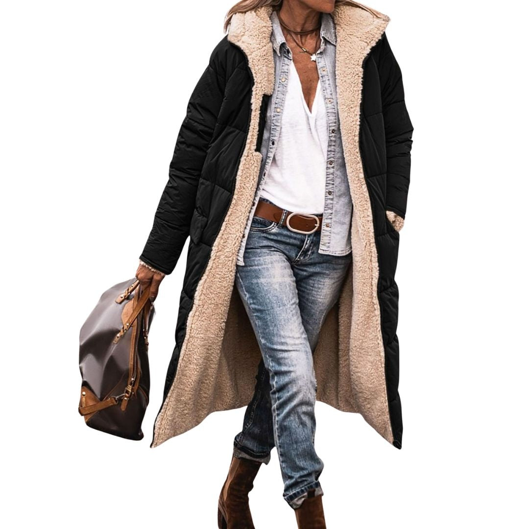Women's reversible long puffer coat with a teddy lining and hood - black