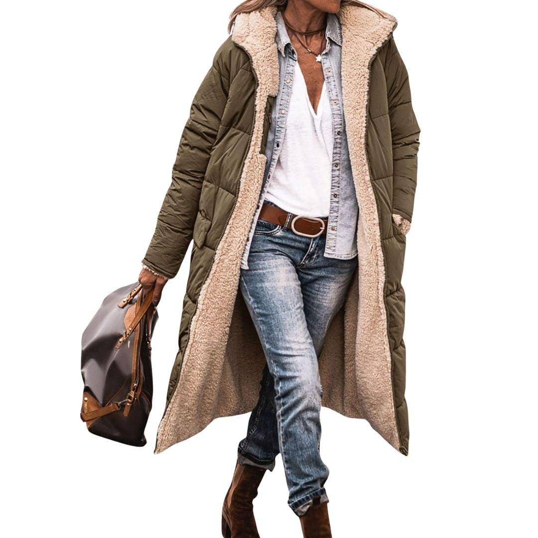 Women's reversible long puffer coat with a teddy lining and hood - olive