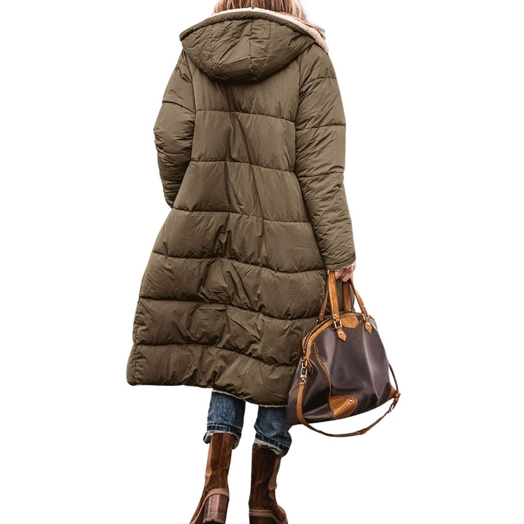 Women's reversible long puffer coat with a teddy lining and hood