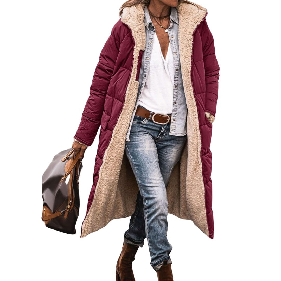 Women's reversible long puffer coat with a teddy lining and hood - burgundy
