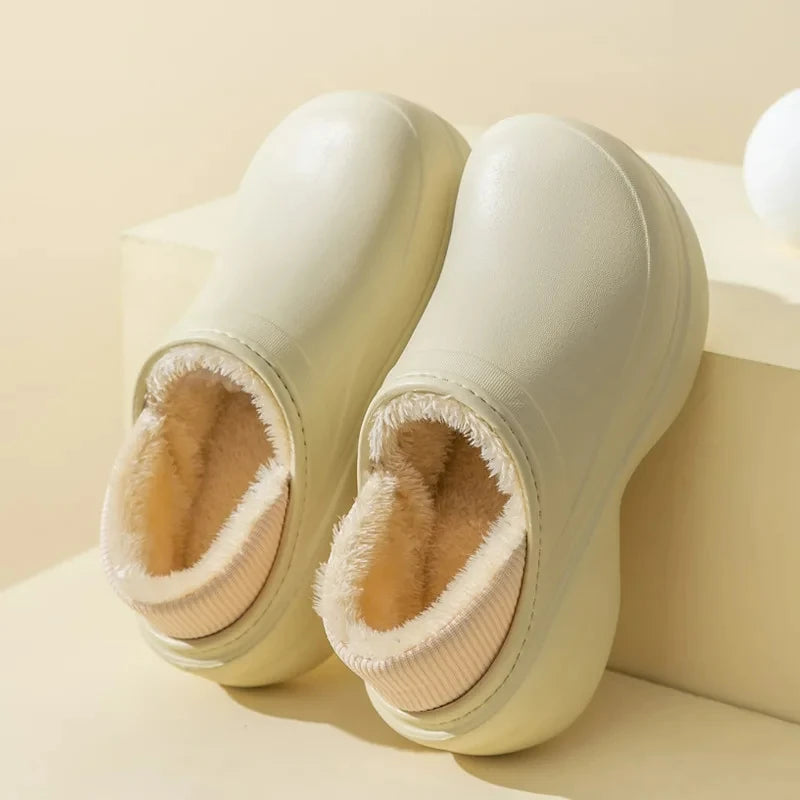 Platform slippers with water-repellent shell, plush lining and ribbed collar - cream