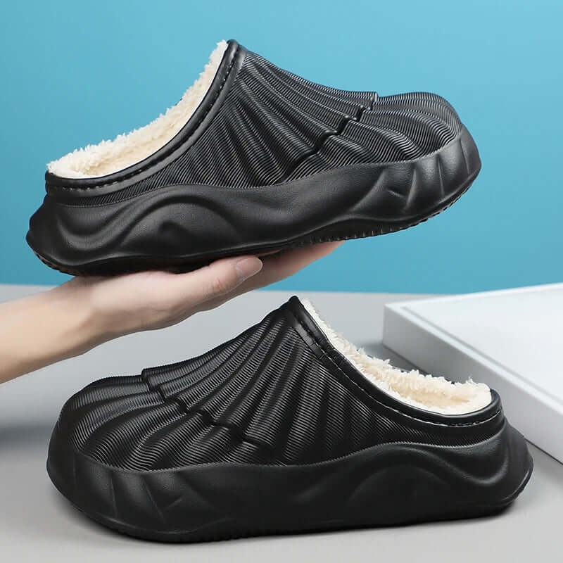 Slippers with a ribbed EVA shell, plush lining, open back and wavy sole - view 4