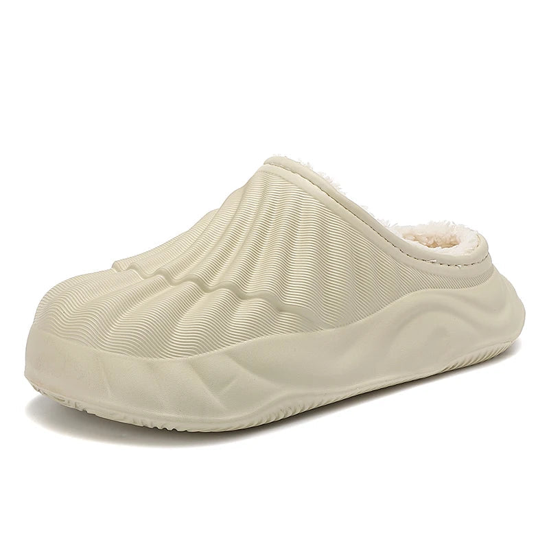 Slippers with a ribbed EVA shell, plush lining, open back and wavy sole - beige