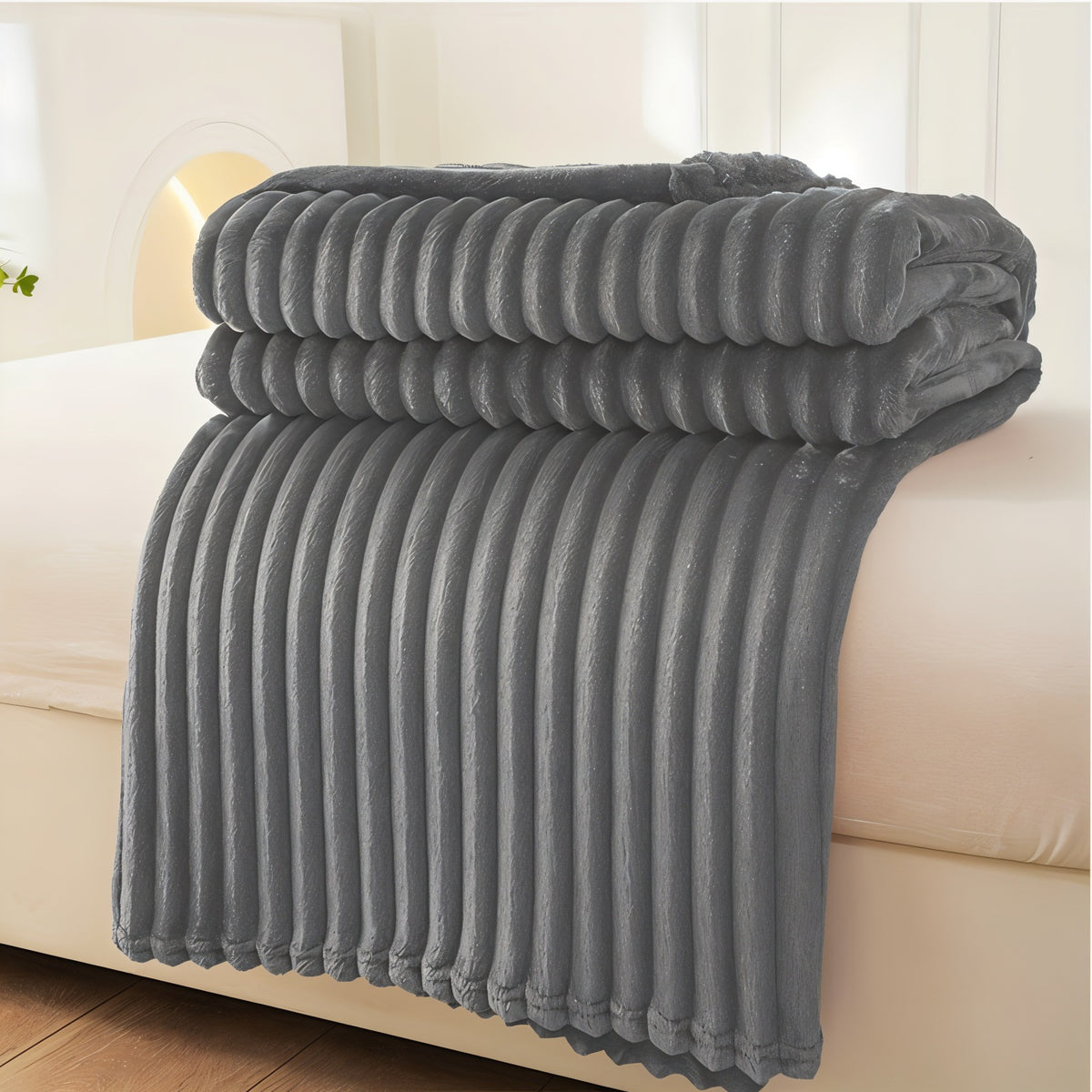 Fleece throw with a ribbed texture in soft plush - steel grey