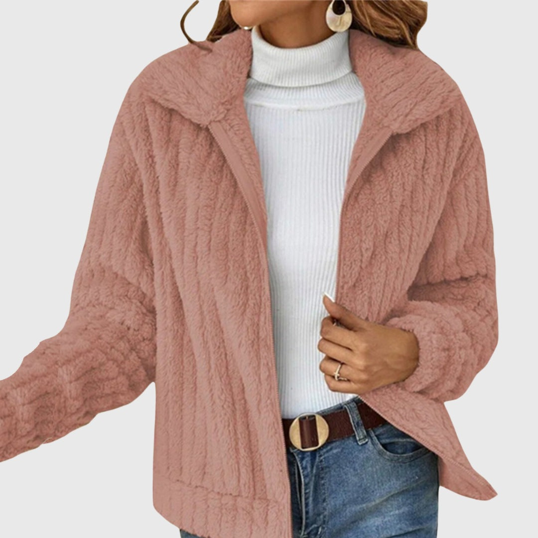 Women's ribbed plush jacket with a wide collar and zip - dusty pink