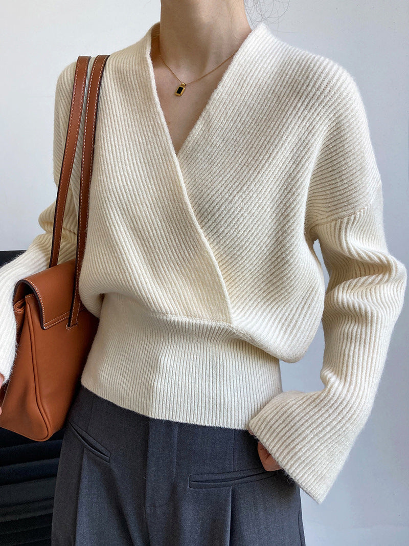 Women's ribbed wrap front cardigan with a V-neck and wide waistband