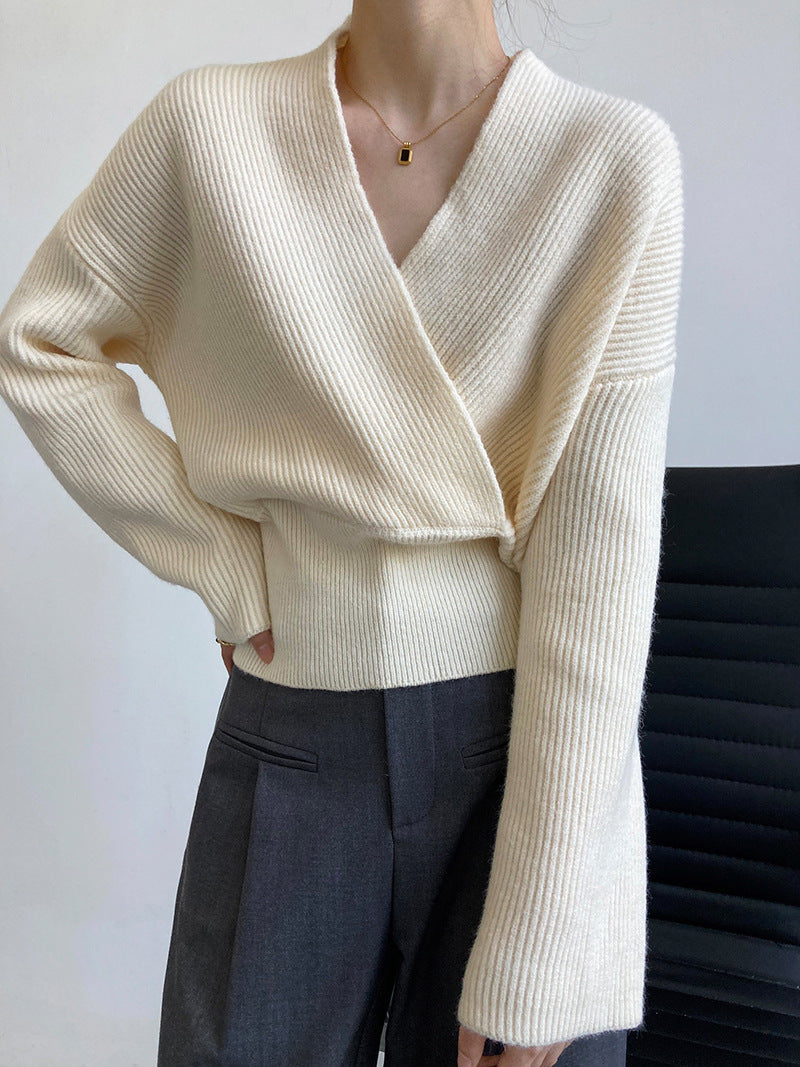 Women's ribbed wrap front cardigan with a V-neck and wide waistband - cream