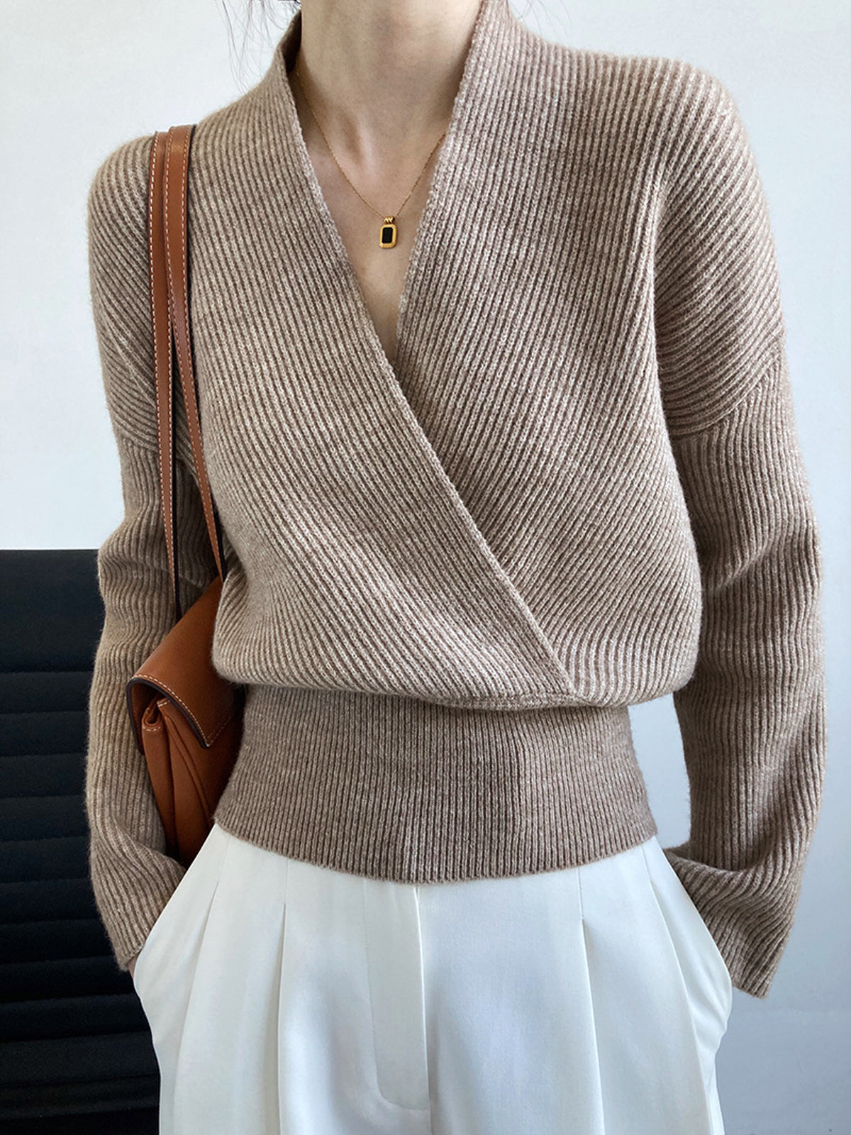 Women's ribbed wrap front cardigan with a V-neck and wide waistband - taupe