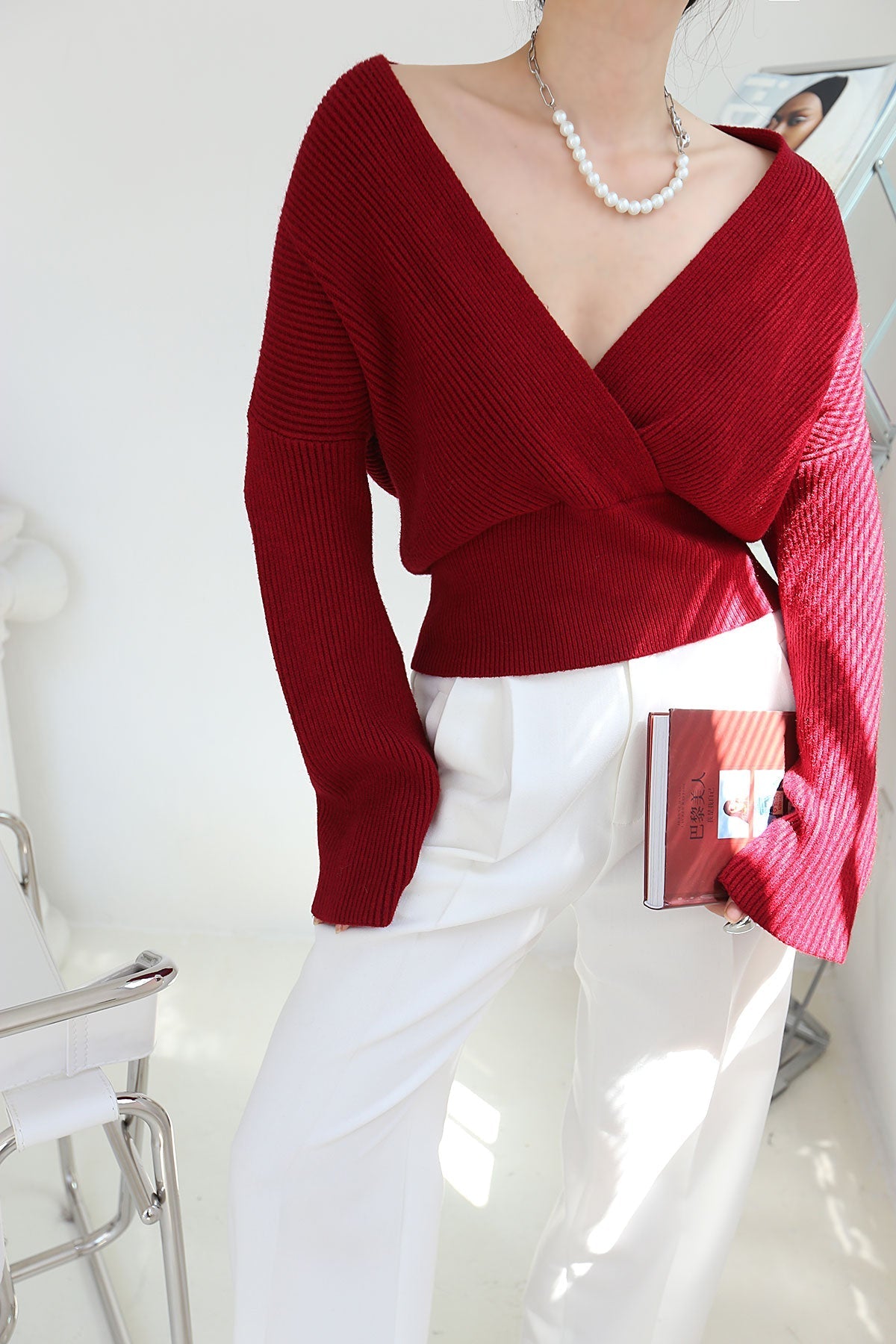 Women's ribbed wrap front cardigan with a V-neck and wide waistband - red