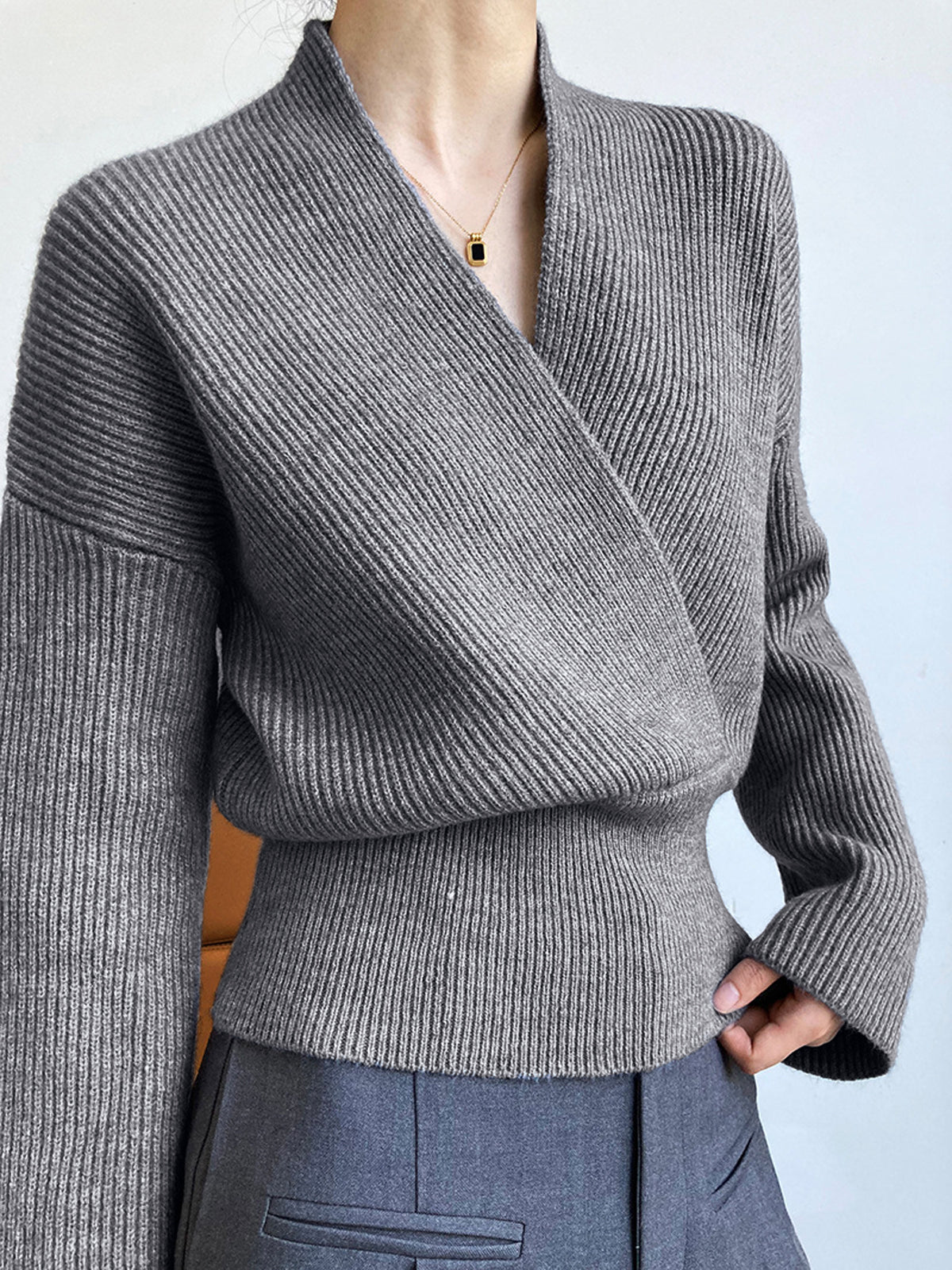 Women's ribbed wrap front cardigan with a V-neck and wide waistband