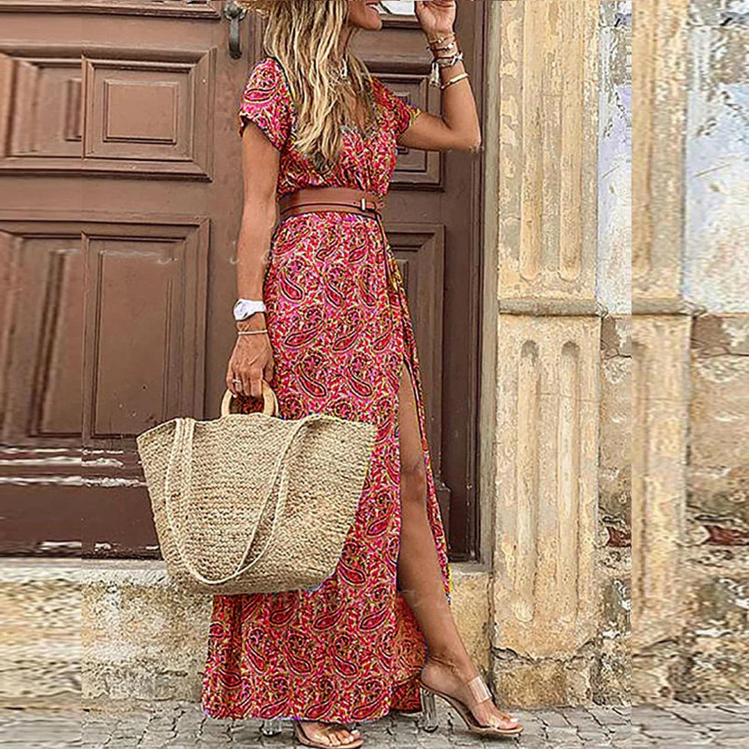 Women's Dress - Airy Boho Maxi Dress With Matching Belt in Gray