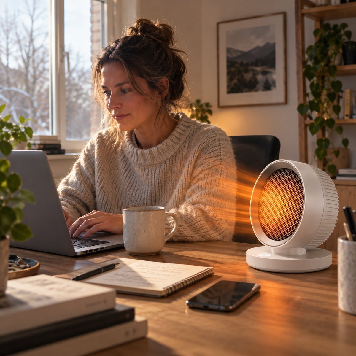 Round 500 W fan heater with thermostat on a round base - view 2