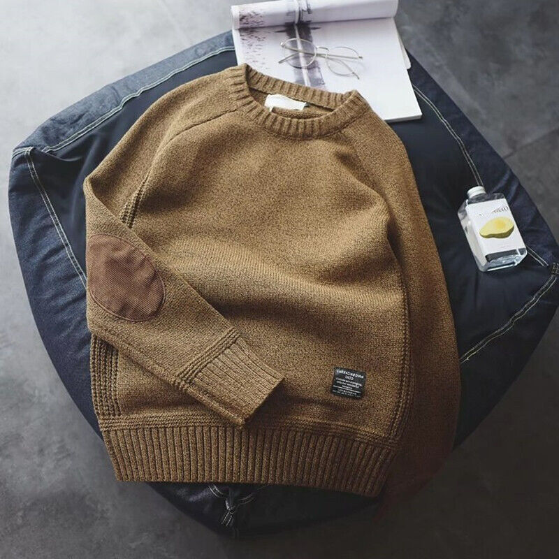 Men's knitted jumper with elbow patches in Khaki