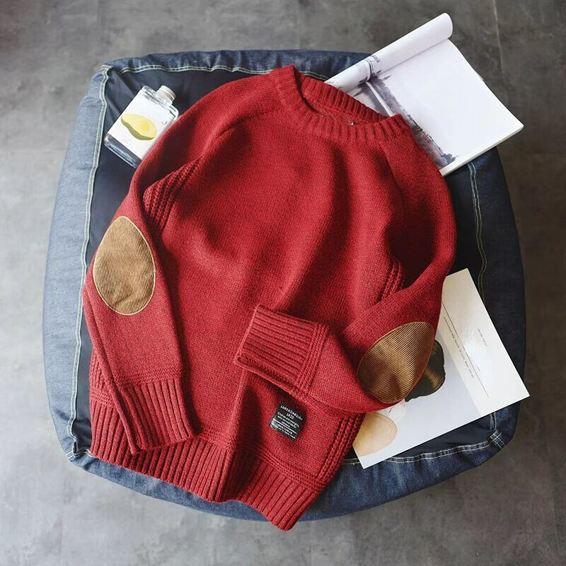 Men's knitted jumper with elbow patches in Red