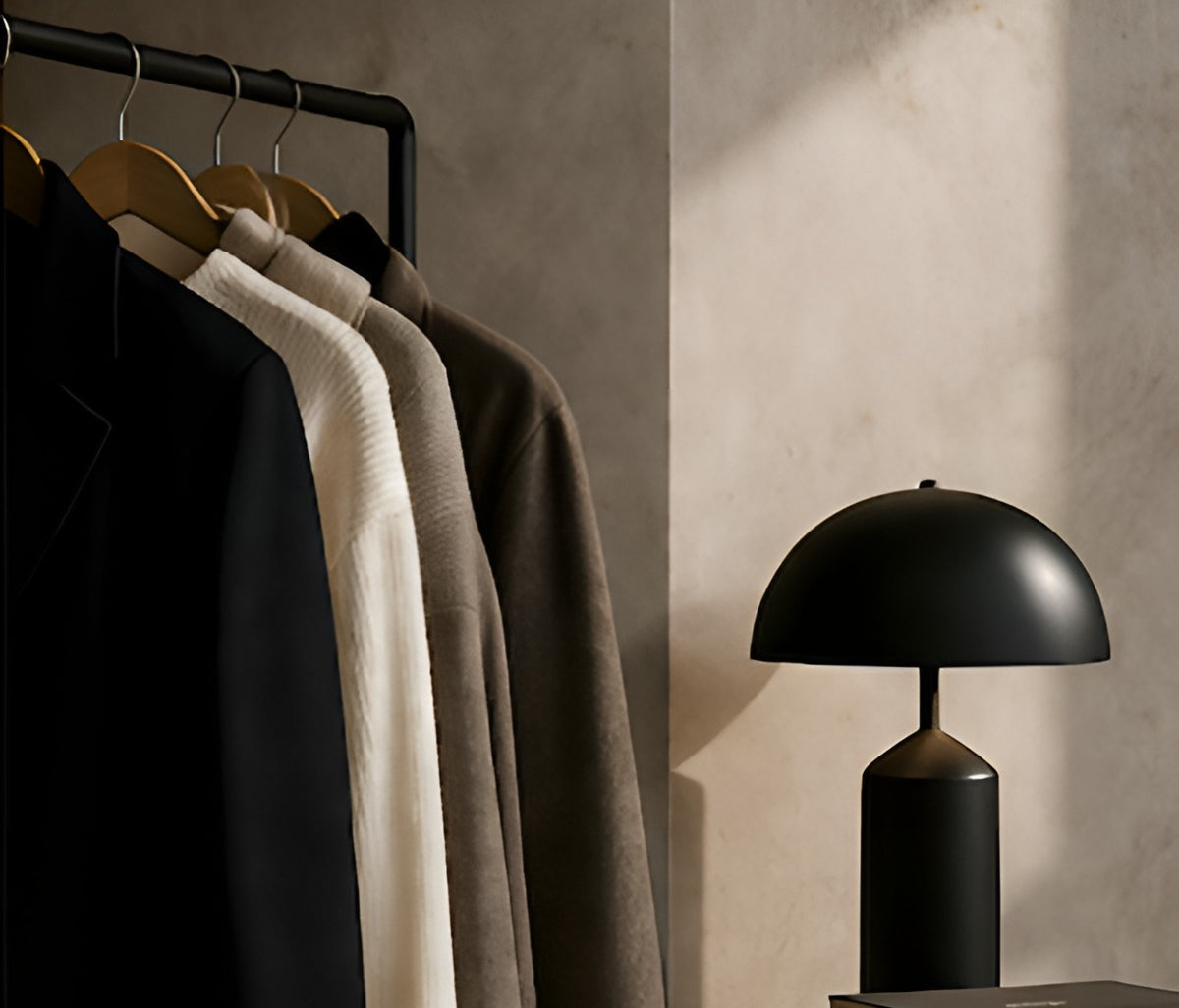 Clothes rail with knitwear and coats beside a black table lamp