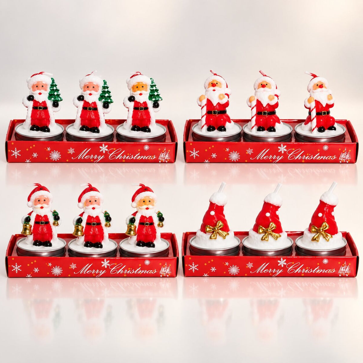 Three Santa Christmas tea lights in a red tray