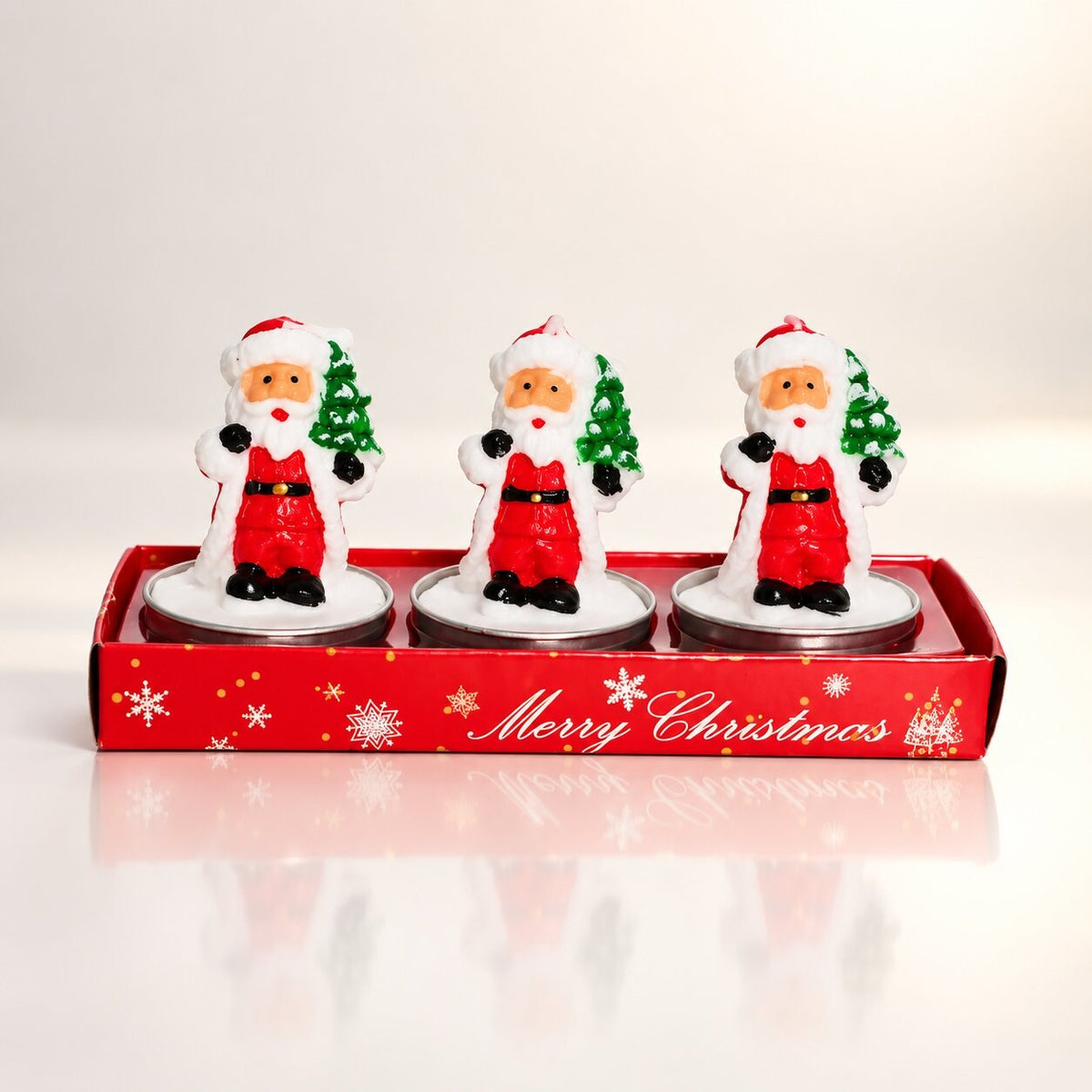 Three Santa Christmas tea lights in a red tray - santa with tree