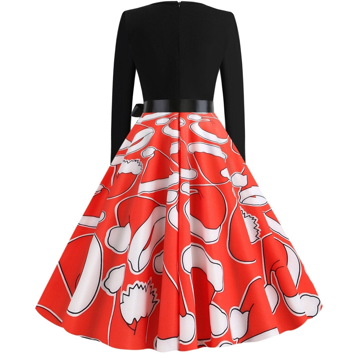 Women's Christmas dress with black long-sleeved bodice and red Santa hat print skirt