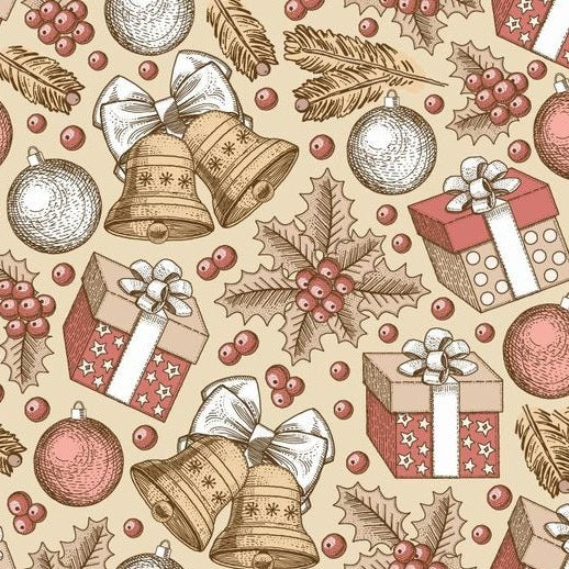 Self-adhesive Christmas wallpaper on a 45 cm wide roll with a festive print - bells and gifts
