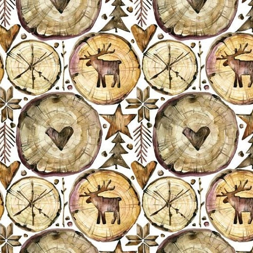 Self-adhesive Christmas wallpaper on a 45 cm wide roll with a festive print - wood slices with reindeer