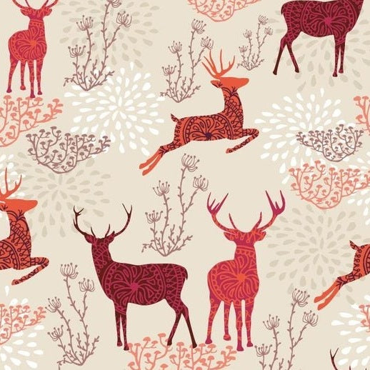 Self-adhesive Christmas wallpaper on a 45 cm wide roll with a festive print - red reindeer on blush