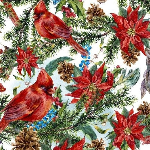 Self-adhesive Christmas wallpaper on a 45 cm wide roll with a festive print - poinsettia with red birds