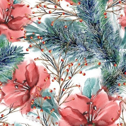 Self-adhesive Christmas wallpaper on a 45 cm wide roll with a festive print - amaryllis and pine
