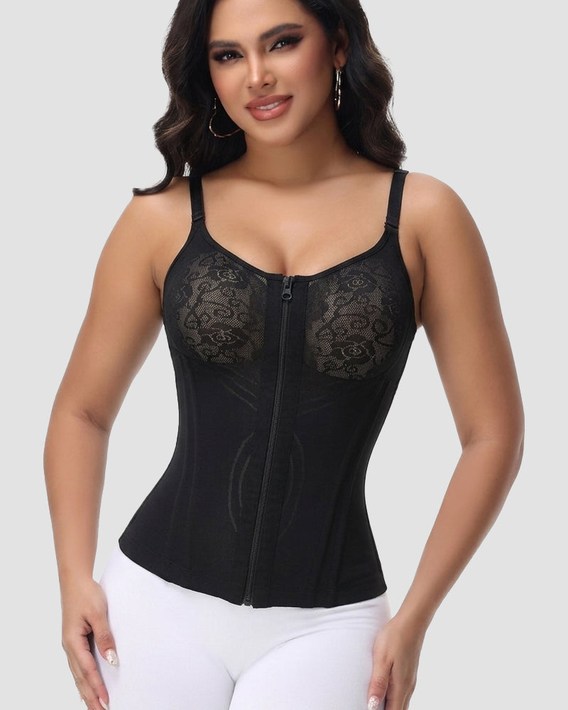 Shapewear cami top with lace cups, zip front and adjustable straps - black