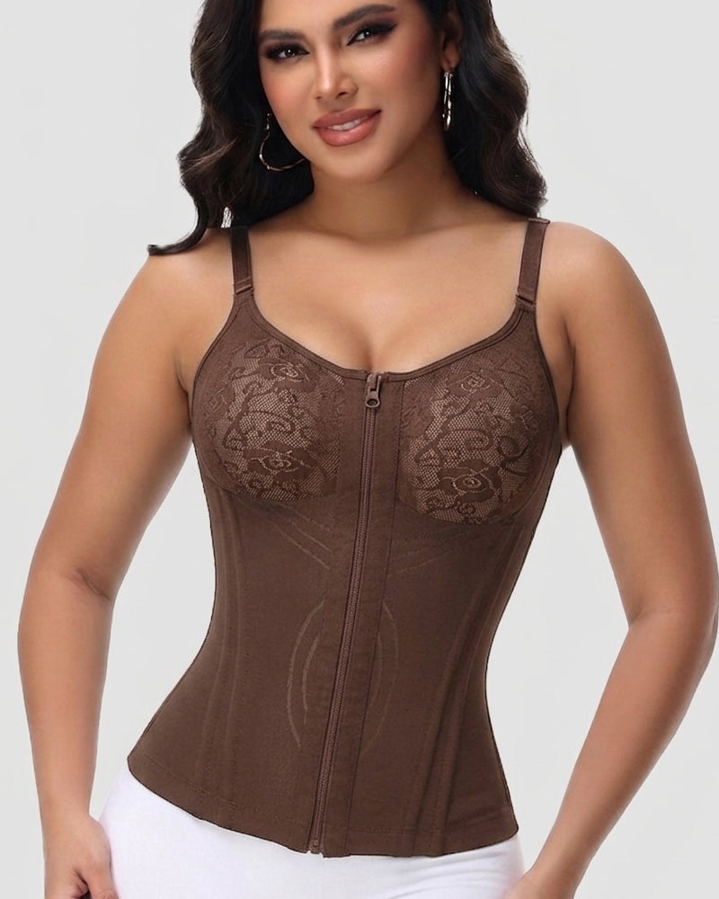 Shapewear cami top with lace cups, zip front and adjustable straps - mocha