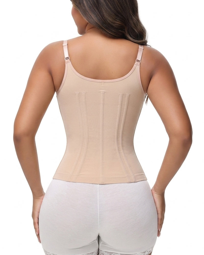 Shapewear cami top with lace cups, zip front and adjustable straps
