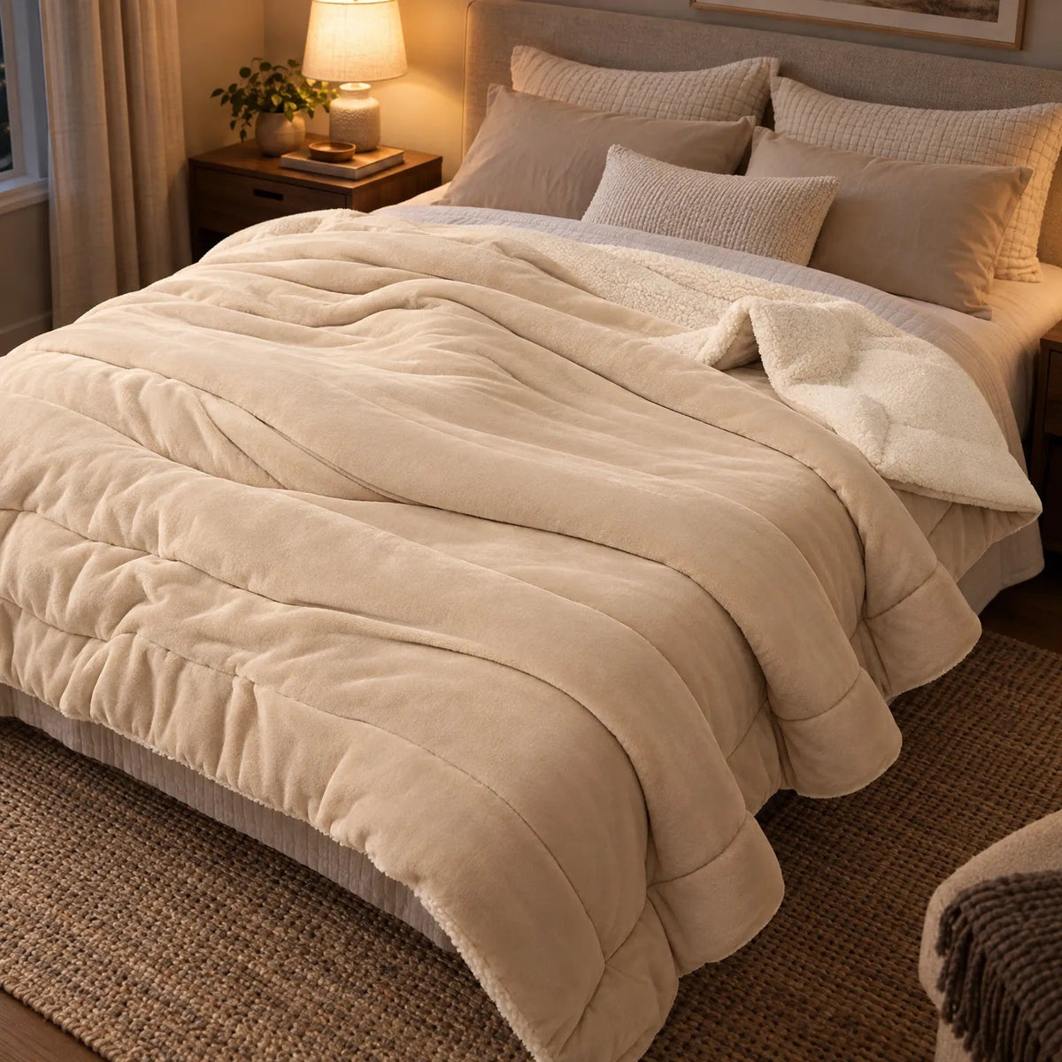 Sherpa blanket with quilted channels on a made bed
