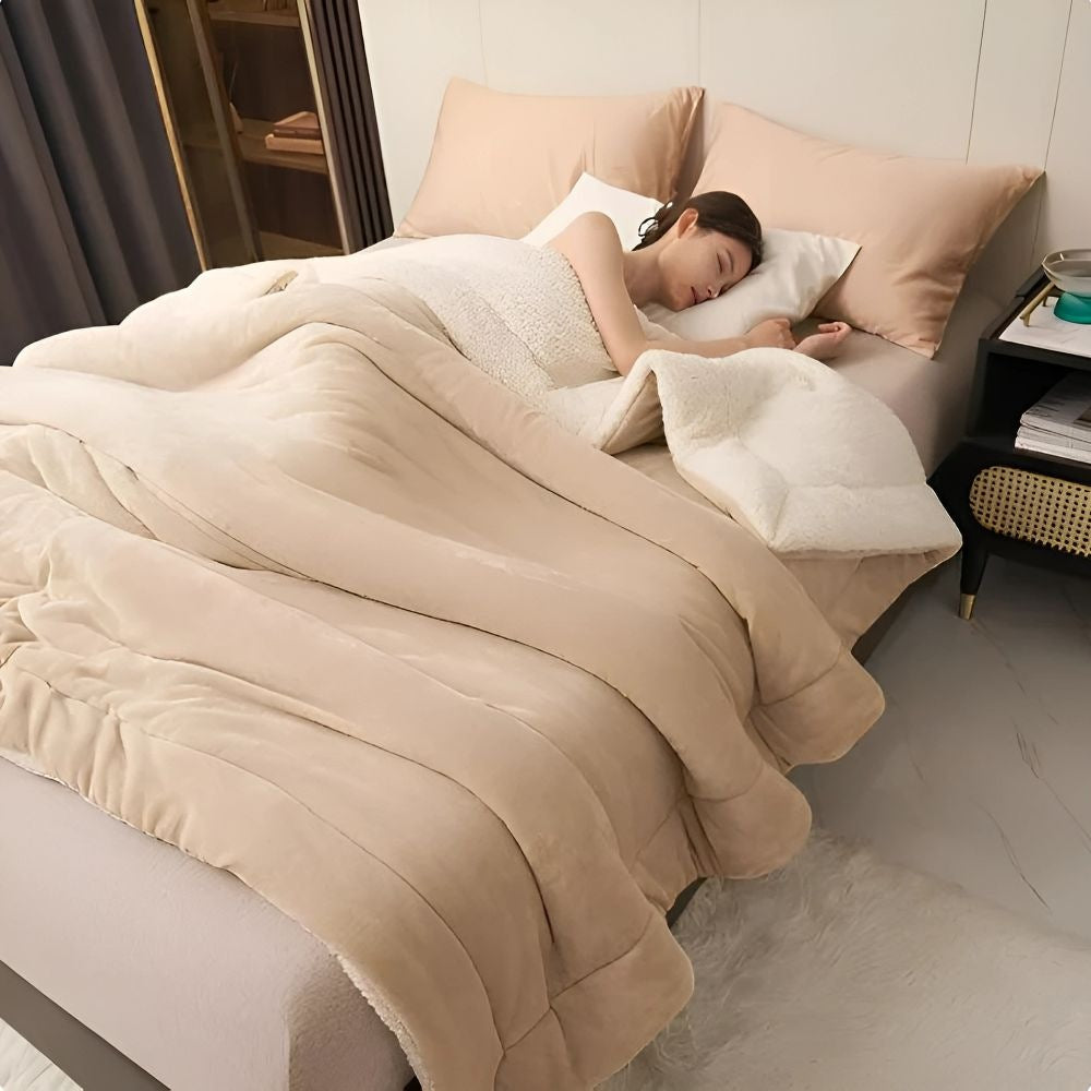 Sherpa blanket with quilted channels on a made bed - view 2