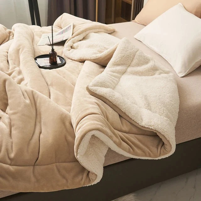 Sherpa blanket with quilted channels on a made bed - beige