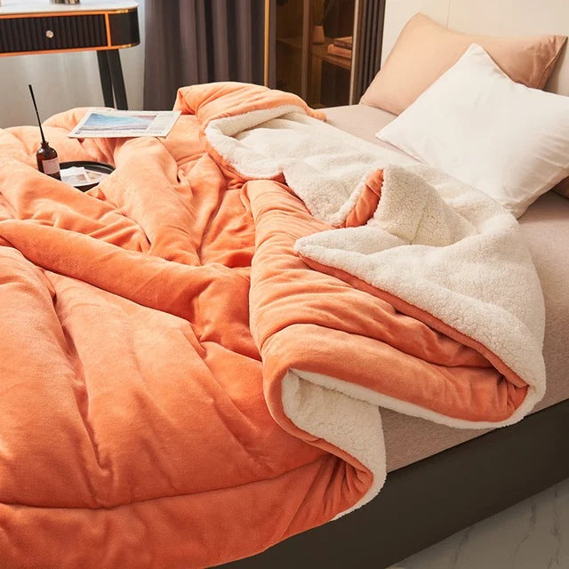 Sherpa blanket with quilted channels on a made bed - orange