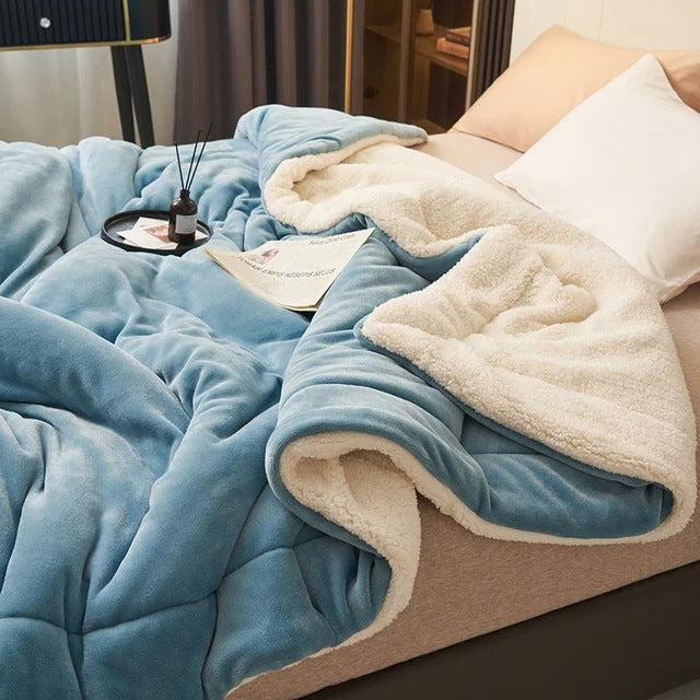 Sherpa blanket with quilted channels on a made bed - light blue