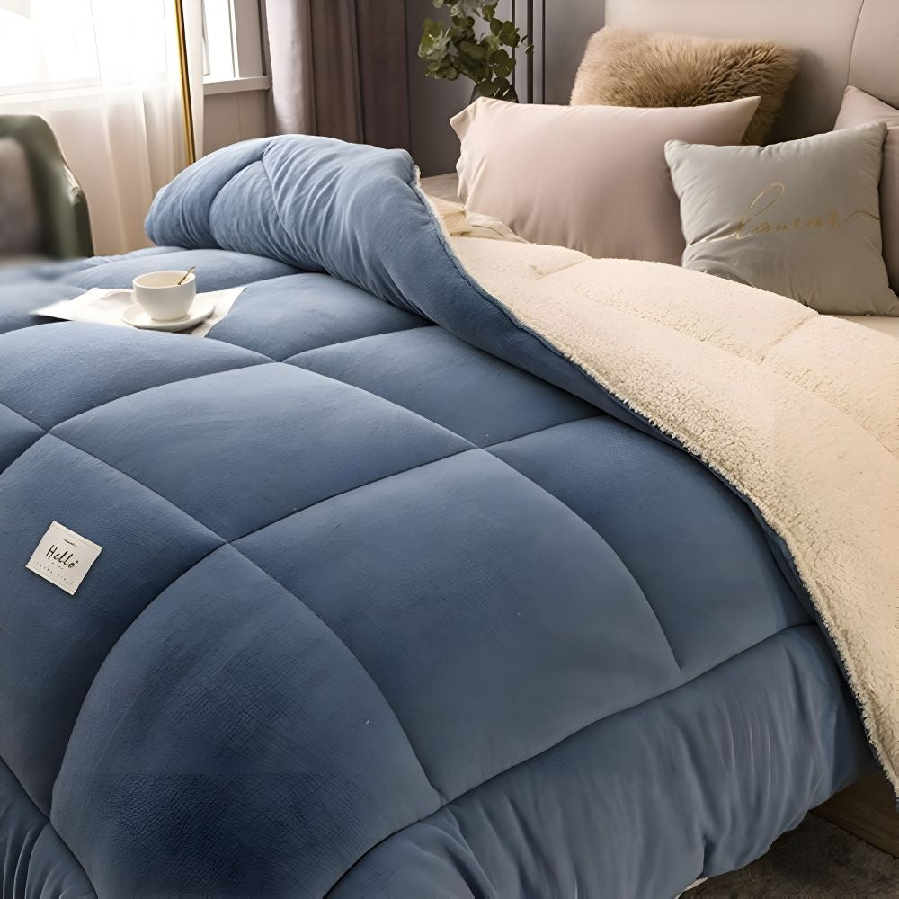Thick sherpa duvet with a fleece top on a made bed - view 2