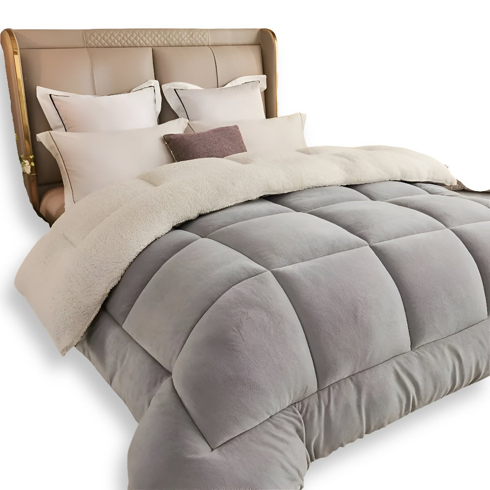 Thick sherpa duvet with a fleece top on a made bed - grey