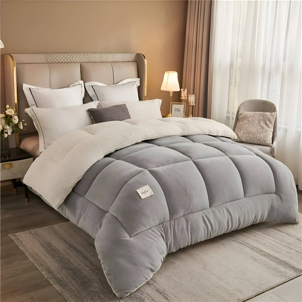Thick sherpa duvet with a fleece top on a made bed - view 7