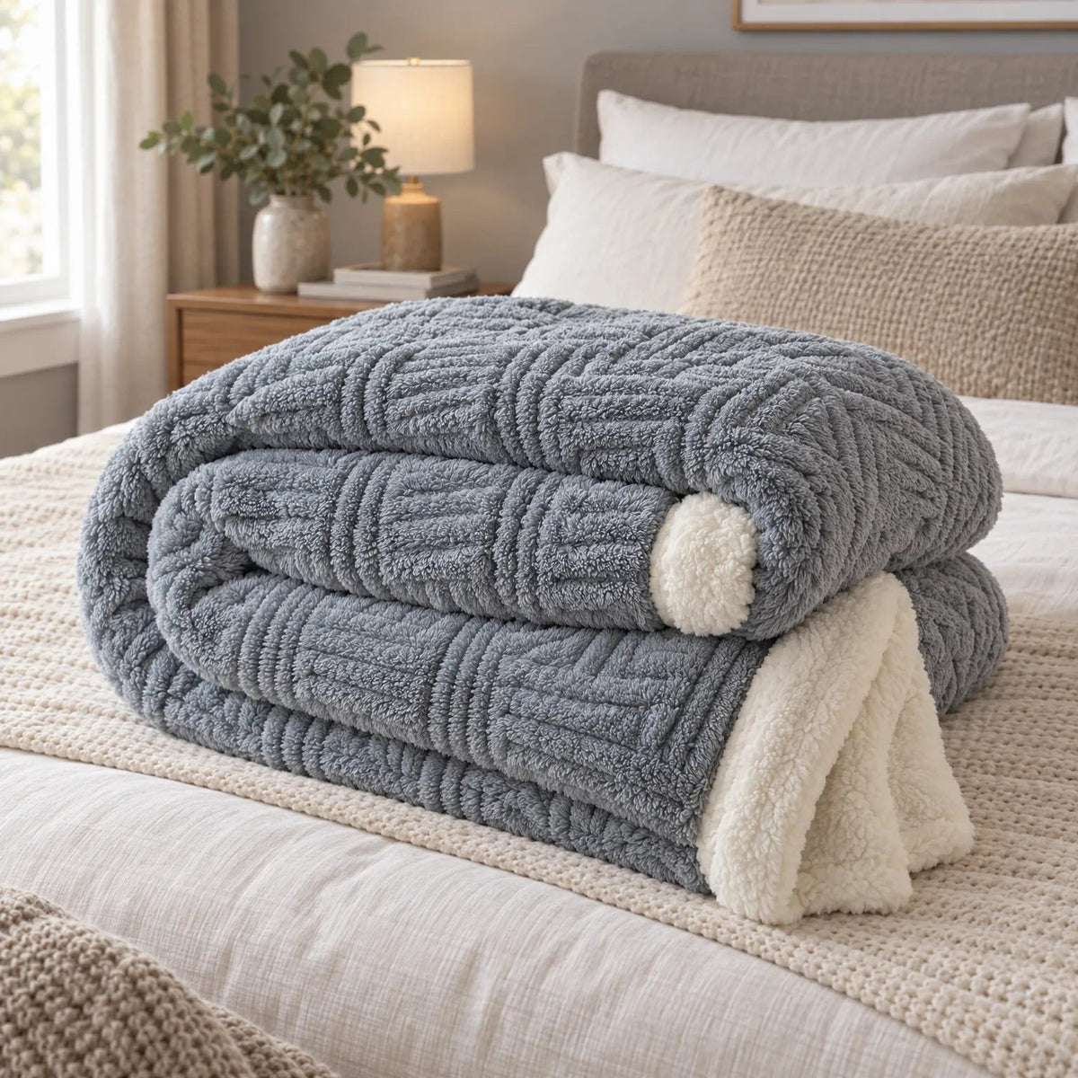 Reversible sherpa throw with a basket weave pattern
