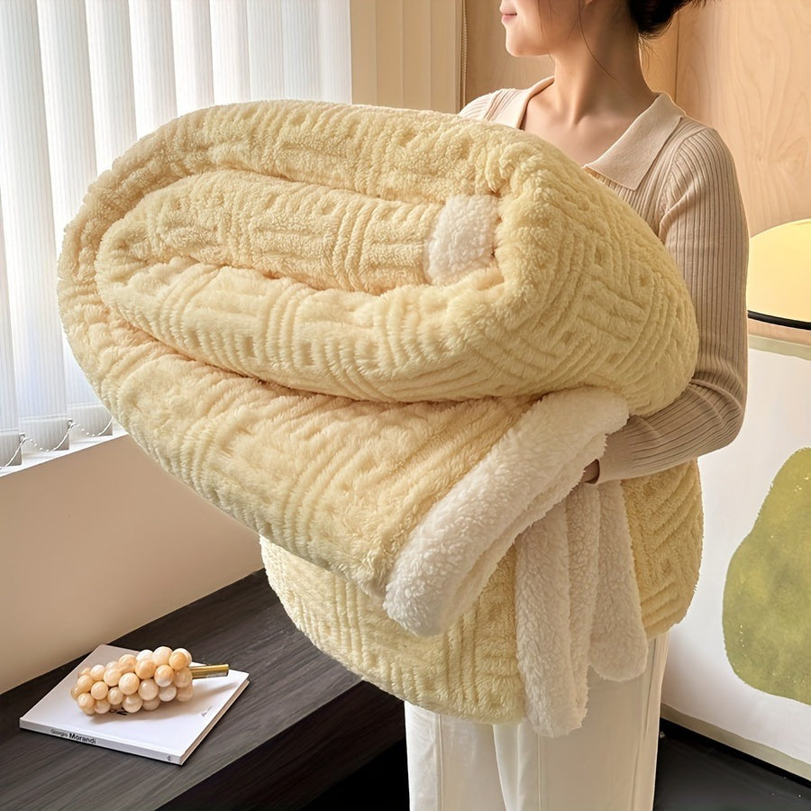 Reversible sherpa throw with a basket weave pattern - butter yellow