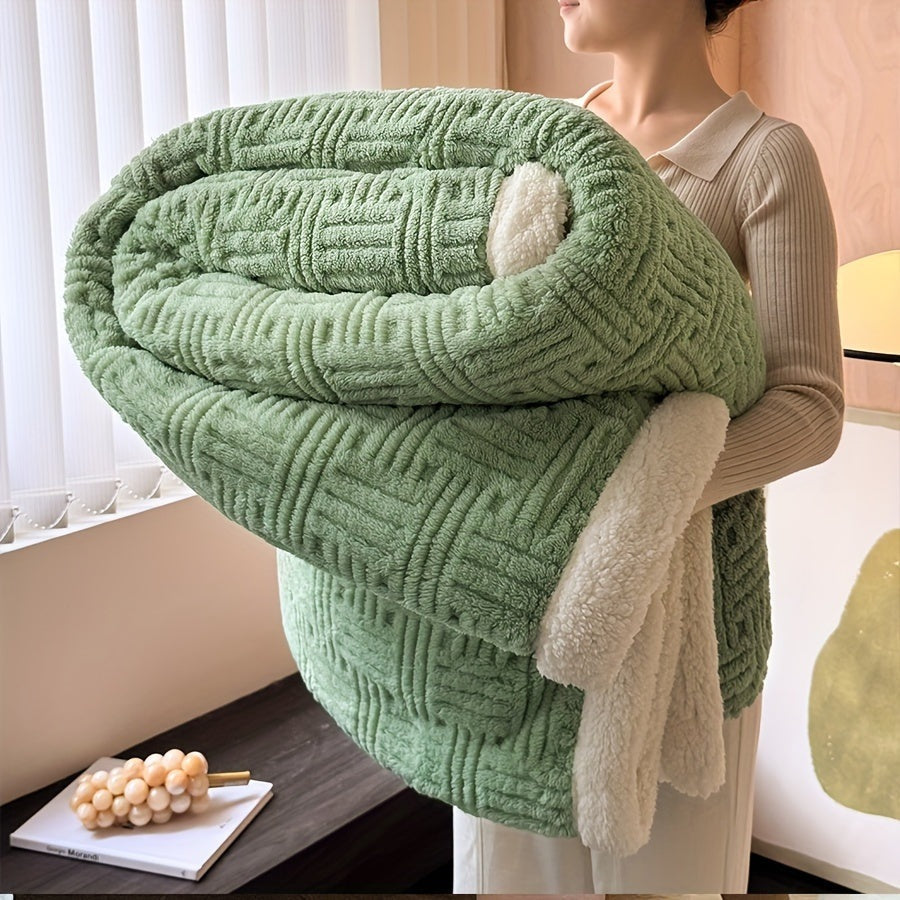 Reversible sherpa throw with a basket weave pattern - green