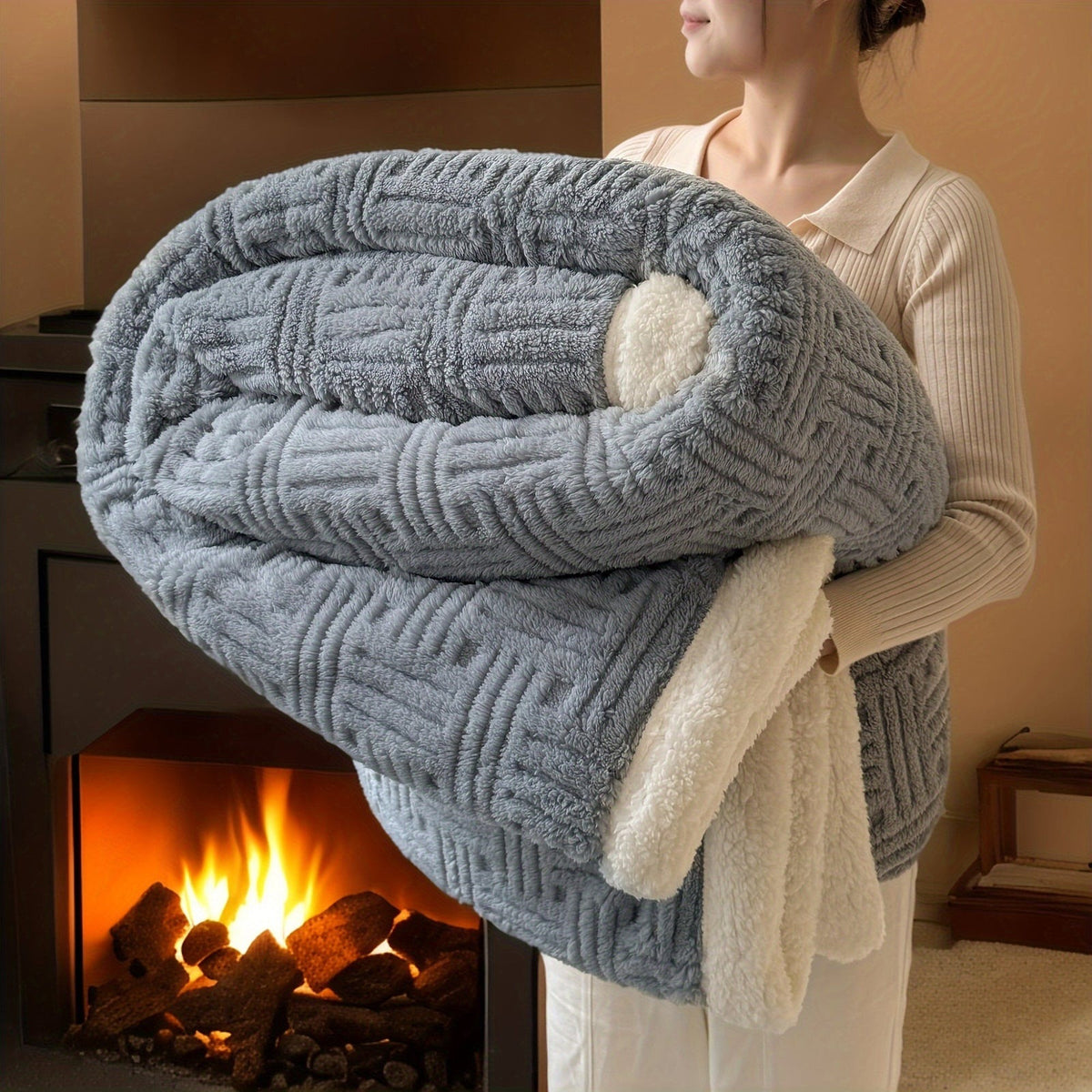Reversible sherpa throw with a basket weave pattern - view 6