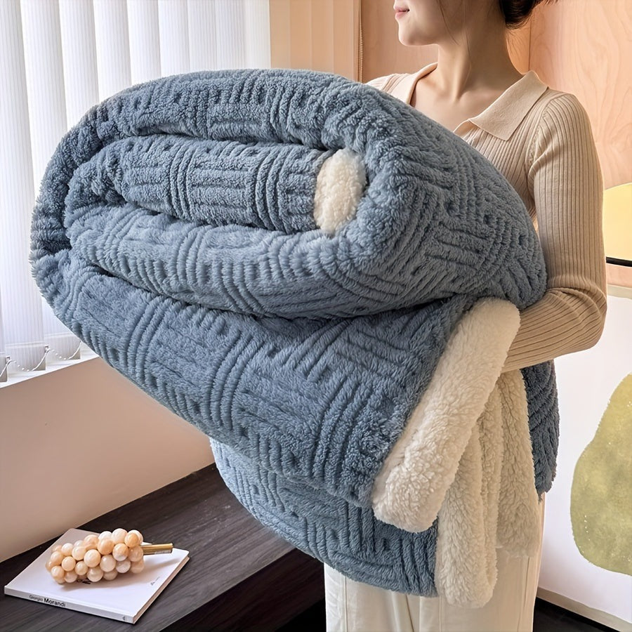 Reversible sherpa throw with a basket weave pattern - dusty blue