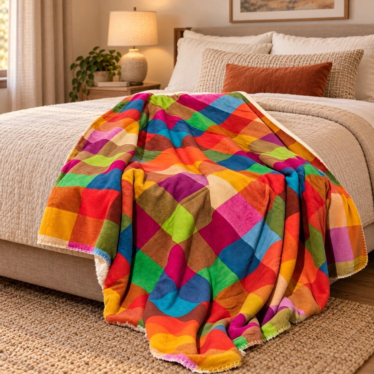Sherpa throw with a colourful check pattern on a bed - 150 x 200 cm